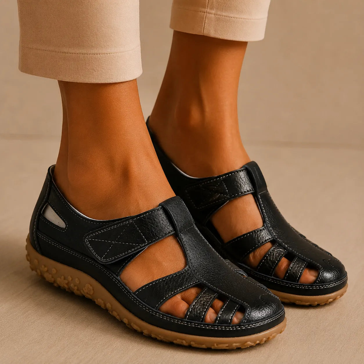 Elfriede | Sandales confort en simili cuir avec velcro